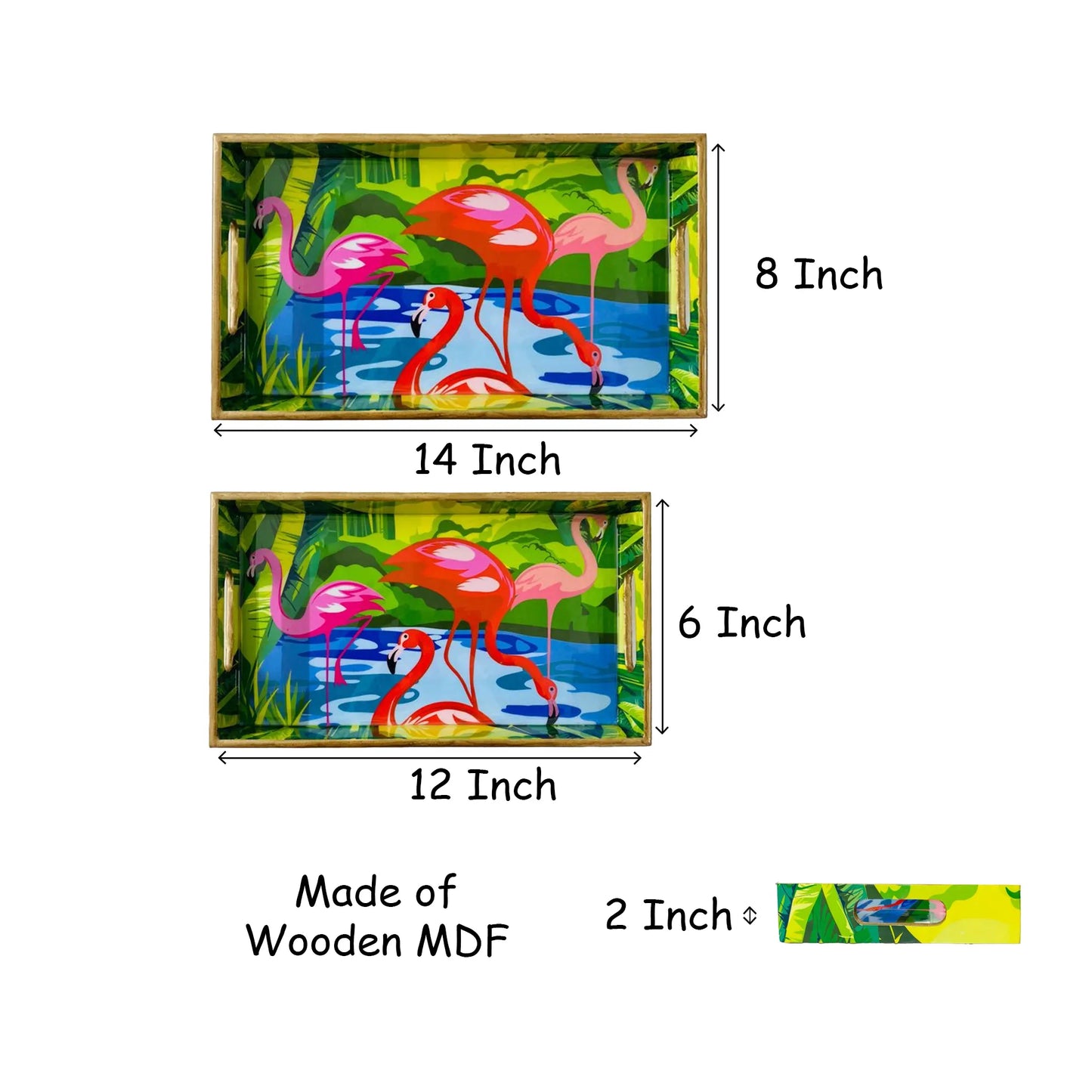 "Flamingo Elegance" Artistic Wooden Cutlery-Rectangular Tray- Set of 2 I Serve ware I Hand Crafted I Decorative I Gift I Size-12*6*2 & 14*8*2 Inch