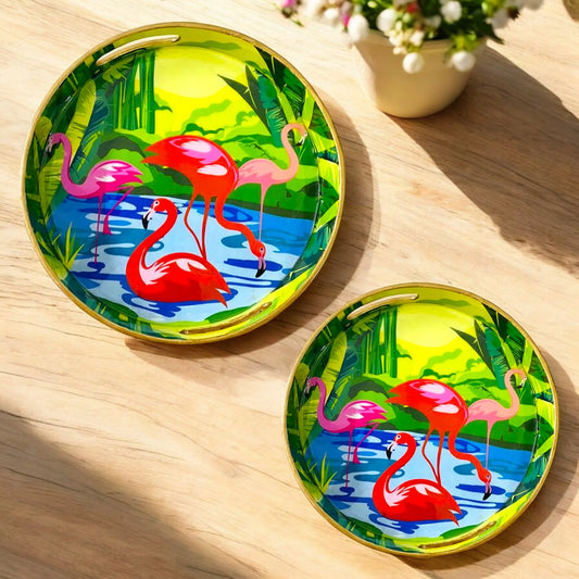 "Flamingo Elegance" Artistic Wooden Cutlery-Round Trays (Set of 2) I Serve ware I Handmade I Decorative I Meena Print I Size-10*10*2 & 12*12*2 Inch