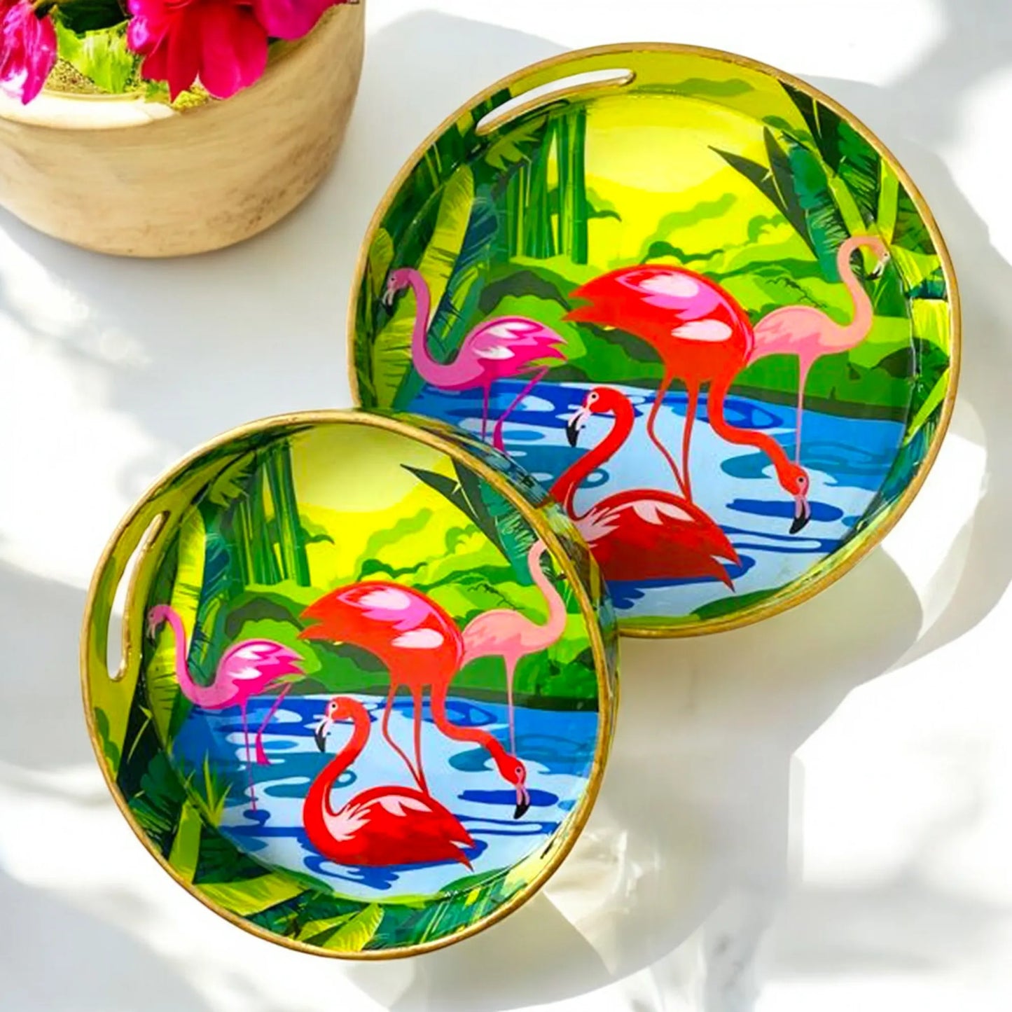 "Flamingo Elegance" Artistic Wooden Cutlery-Round Trays (Set of 2) I Serve ware I Handmade I Decorative I Meena Print I Size-10*10*2 & 12*12*2 Inch