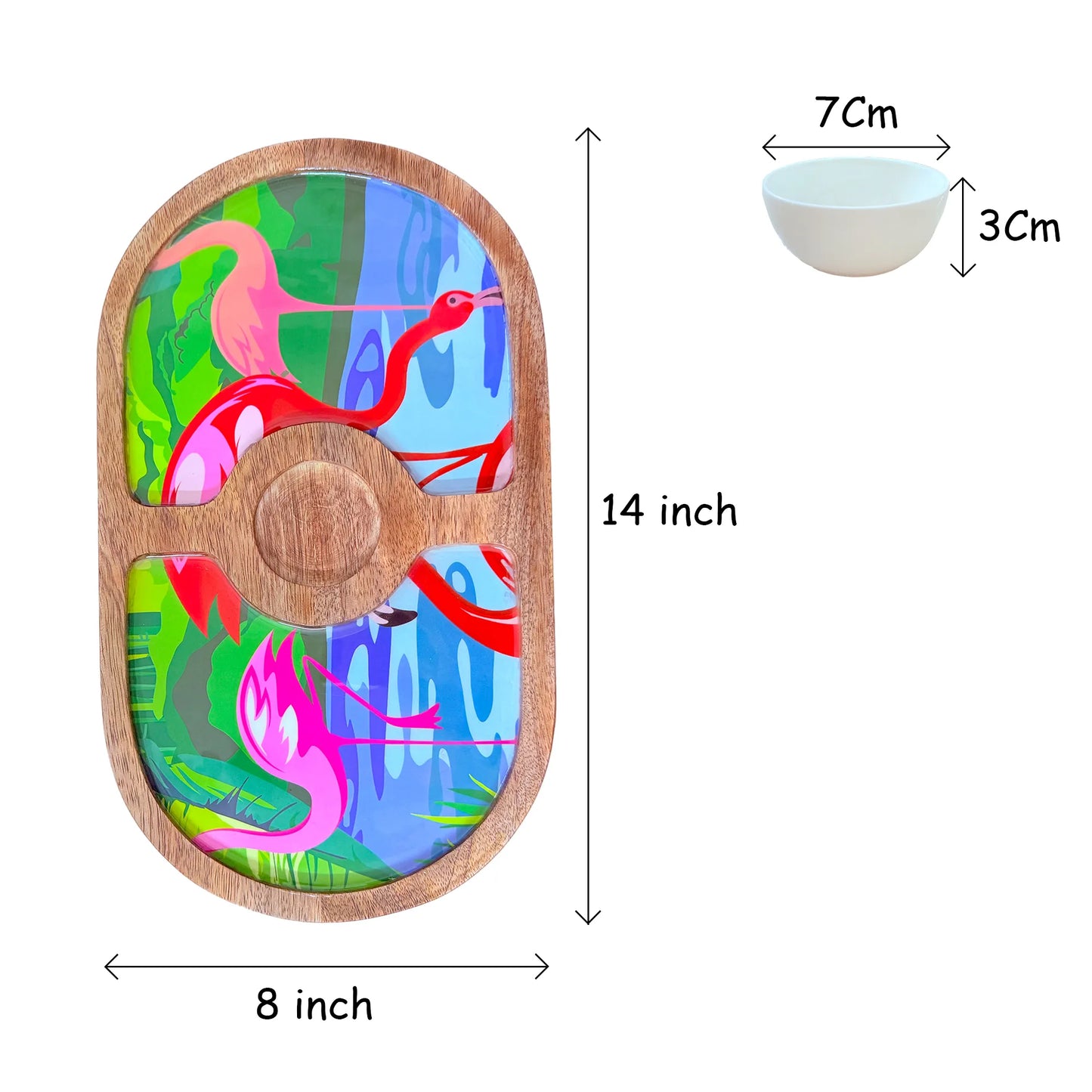 "Flamingo Elegance" Artistic Wooden Cutlery-Round Platter with Ceramic Bowl I Dine ware I Hand Crafted I Home Décor I Meena Print I Size-14*8 Inch