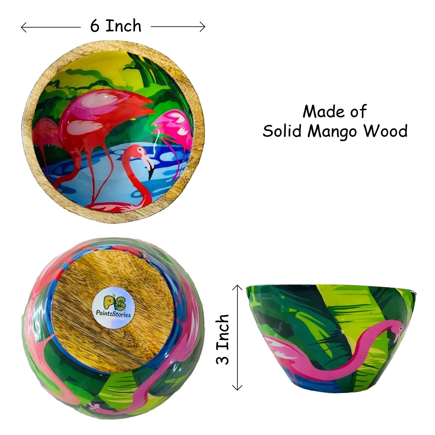 "Flamingo Elegance" Artistic Wooden Cutlery - Small Bowl I Serve ware I Hand Crafted I Living Room Décor I Decorative I Meena Print I Size-6*6*3 Inch