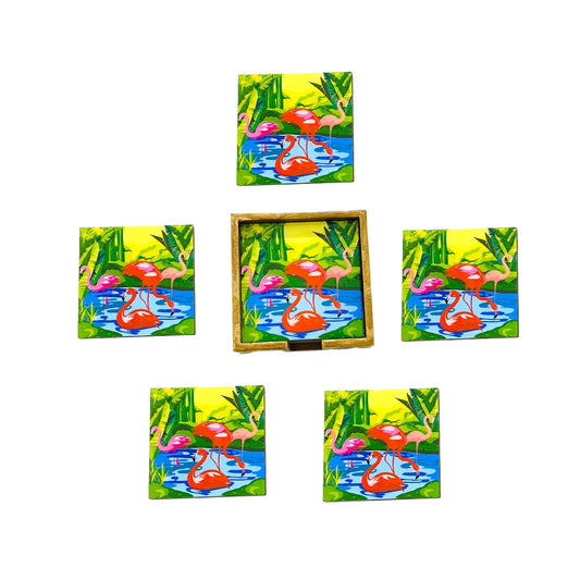 "Flamingo Elegance" Artistic Wooden Cutlery-Wooden Tea Coaster I Table ware I Hand Crafted I Living Room Décor I Meena Print I Size- 4*4 Inch