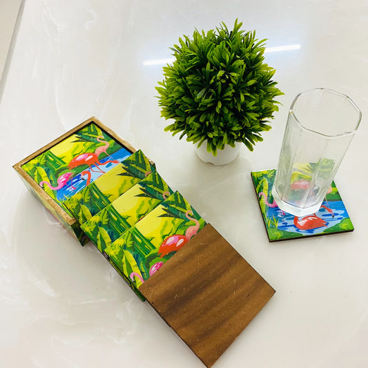 "Flamingo Elegance" Artistic Wooden Cutlery-Wooden Tea Coaster I Table ware I Hand Crafted I Living Room Décor I Meena Print I Size- 4*4 Inch