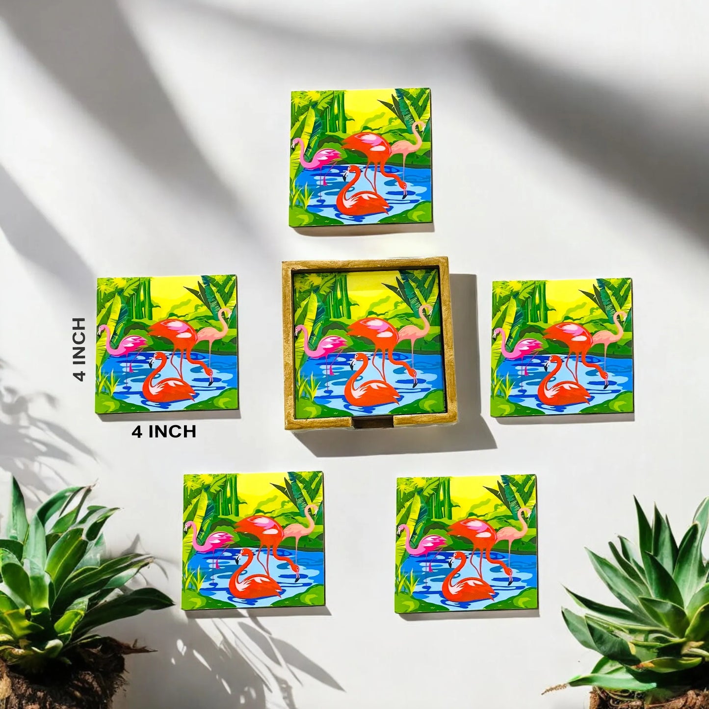 "Flamingo Elegance" Artistic Wooden Cutlery-Wooden Tea Coaster I Table ware I Hand Crafted I Living Room Décor I Meena Print I Size- 4*4 Inch