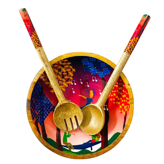 "Tree Serenade" Artistic Wooden Cutlery-Big Bowl with Serving Spoons I Dine ware I Hand Crafted I Living Room Décor I Decorative I Size-10*10*3 Inch