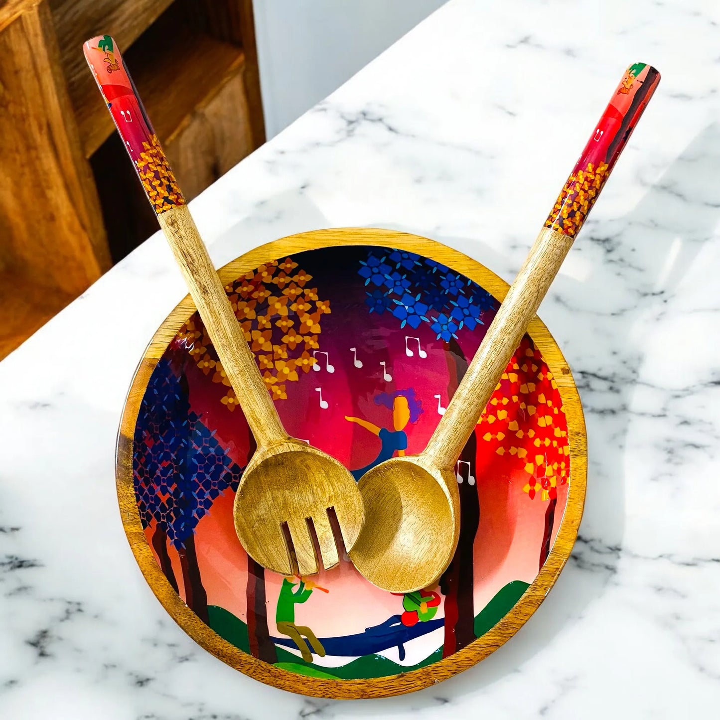 "Tree Serenade" Artistic Wooden Cutlery-Big Bowl with Serving Spoons I Dine ware I Hand Crafted I Living Room Décor I Decorative I Size-10*10*3 Inch