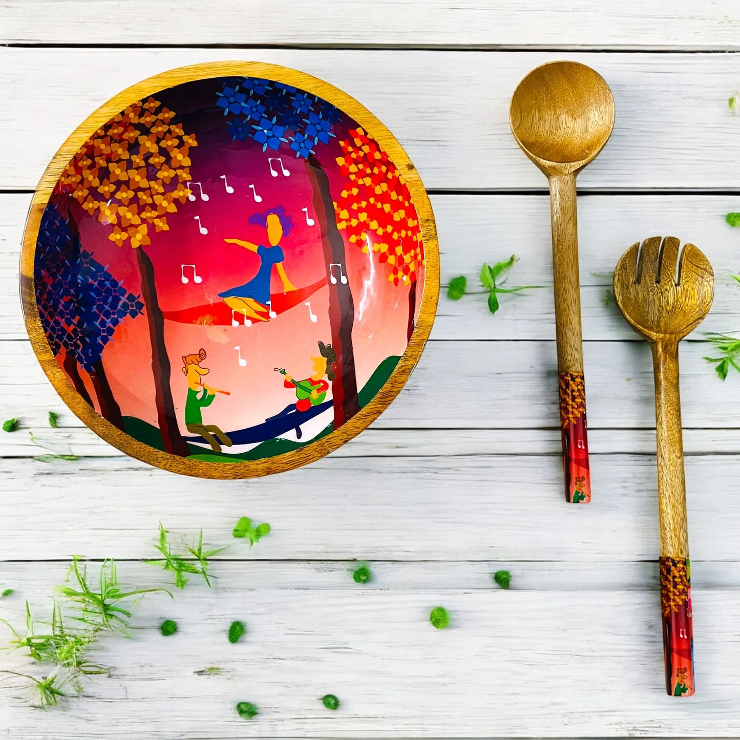 "Tree Serenade" Artistic Wooden Cutlery-Big Bowl with Serving Spoons I Dine ware I Hand Crafted I Living Room Décor I Decorative I Size-10*10*3 Inch