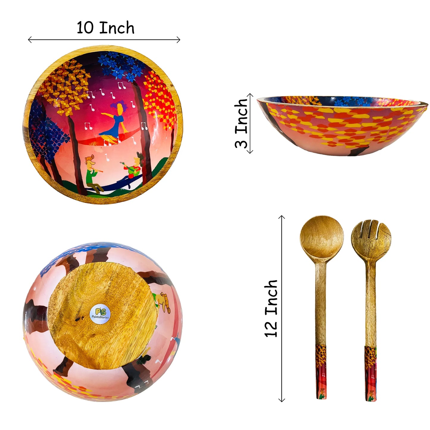 "Tree Serenade" Artistic Wooden Cutlery-Big Bowl with Serving Spoons I Dine ware I Hand Crafted I Living Room Décor I Decorative I Size-10*10*3 Inch