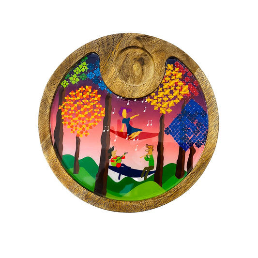 "Tree Serenade" Artistic Wooden Cutlery-Circular Platter with Wooden Bowl I Table ware I Hand Crafted I Decorative I Meena Print I Size-10*10 Inch