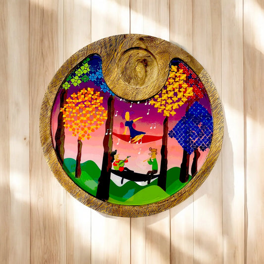 "Tree Serenade" Artistic Wooden Cutlery-Circular Platter with Wooden Bowl I Table ware I Hand Crafted I Decorative I Meena Print I Size-10*10 Inch