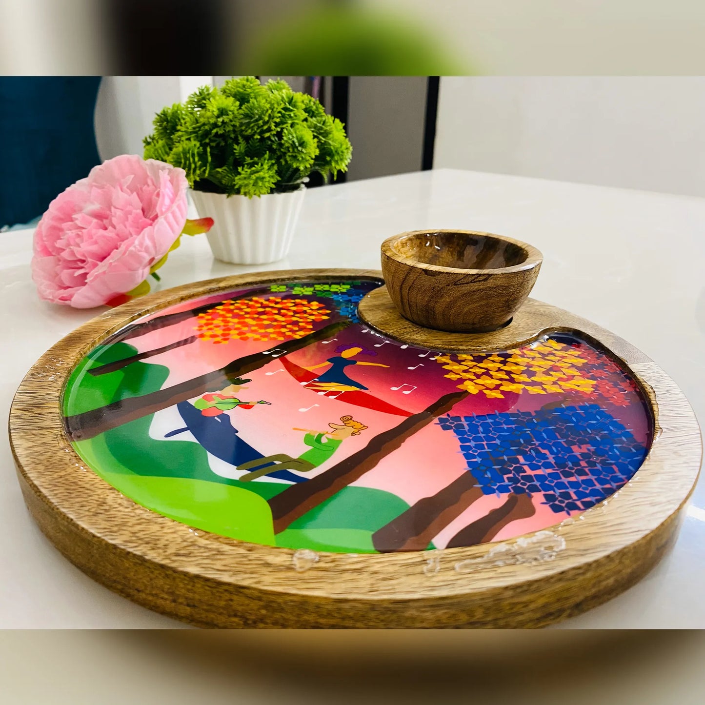"Tree Serenade" Artistic Wooden Cutlery-Circular Platter with Wooden Bowl I Table ware I Hand Crafted I Decorative I Meena Print I Size-10*10 Inch