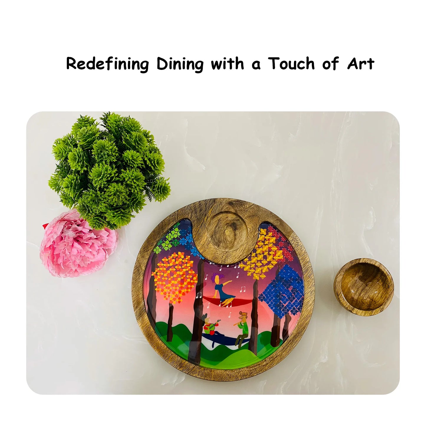 "Tree Serenade" Artistic Wooden Cutlery-Circular Platter with Wooden Bowl I Table ware I Hand Crafted I Decorative I Meena Print I Size-10*10 Inch