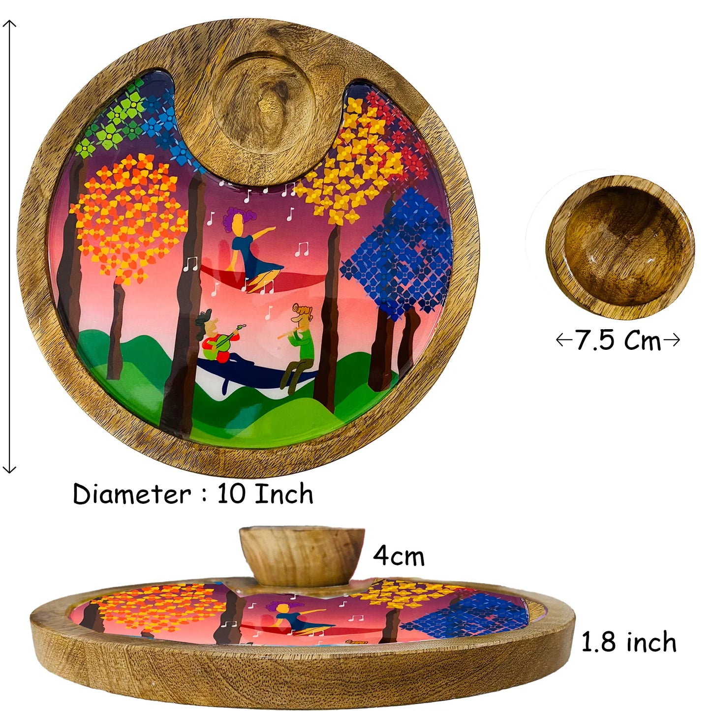 "Tree Serenade" Artistic Wooden Cutlery-Circular Platter with Wooden Bowl I Table ware I Hand Crafted I Decorative I Meena Print I Size-10*10 Inch