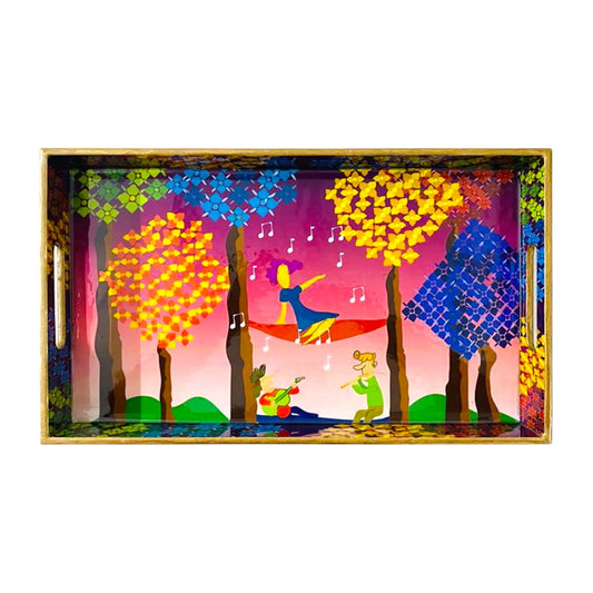 "Tree Serenade" Artistic Wooden Cutlery-Rectangular Tray- Large I Serve ware I Handmade I Home Decor I Decorative I Meena Print I Size-16*10*2 Inch
