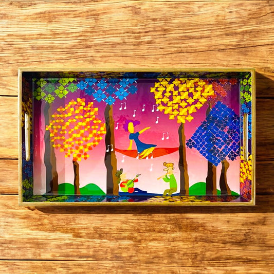 "Tree Serenade" Artistic Wooden Cutlery-Rectangular Tray- Large I Serve ware I Handmade I Home Decor I Decorative I Meena Print I Size-16*10*2 Inch