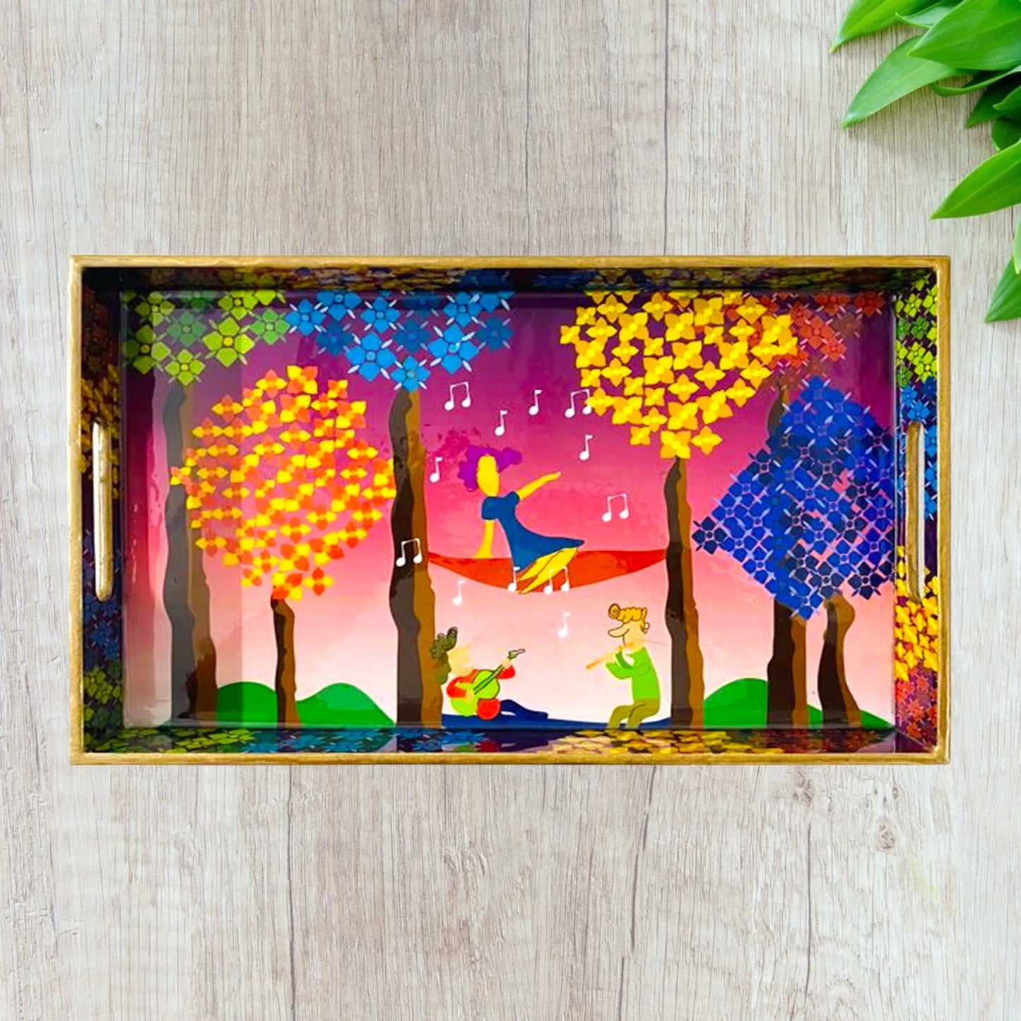 "Tree Serenade" Artistic Wooden Cutlery-Rectangular Tray- Large I Serve ware I Handmade I Home Decor I Decorative I Meena Print I Size-16*10*2 Inch