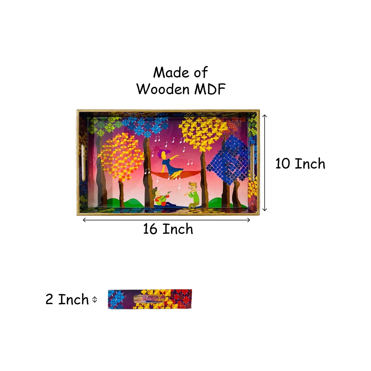 "Tree Serenade" Artistic Wooden Cutlery-Rectangular Tray- Large I Serve ware I Handmade I Home Decor I Decorative I Meena Print I Size-16*10*2 Inch