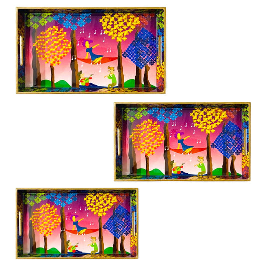 "Tree Serenade" Artistic Wooden Cutlery-Rectangular Trays (Set of 3) I Serve ware I Handmade I Decorative I Meena I Size-12*6*2,14*8*2 & 16*10*2 Inch