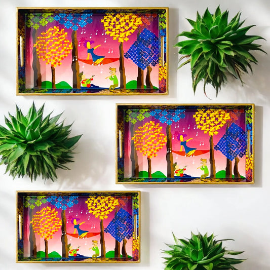 "Tree Serenade" Artistic Wooden Cutlery-Rectangular Trays (Set of 3) I Serve ware I Handmade I Decorative I Meena I Size-12*6*2,14*8*2 & 16*10*2 Inch