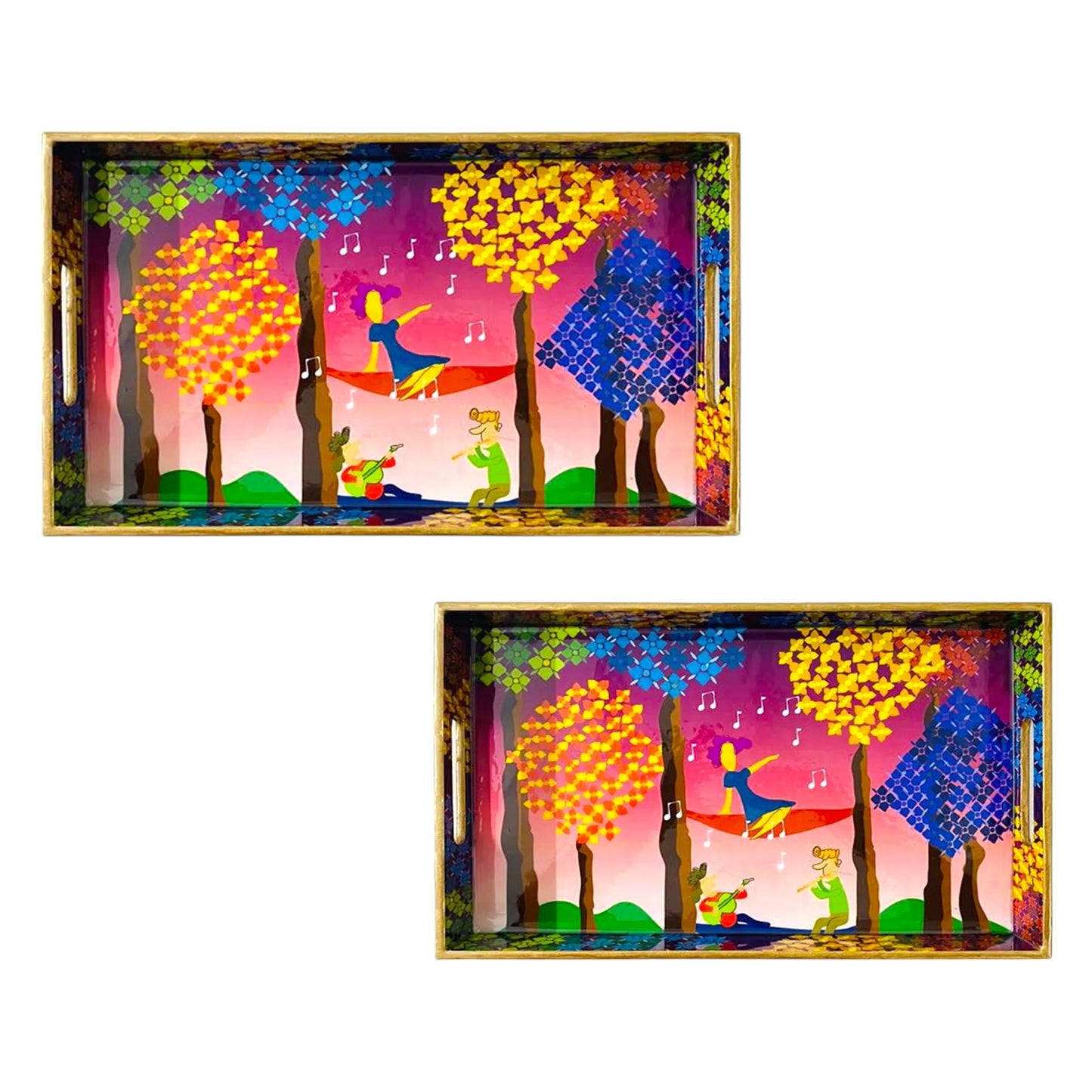 "Tree Serenade" Artistic Wooden Cutlery-Rectangular Tray- Set of 2 I Serve ware I Hand Crafted I Decorative I Meena Print I Size-12*6*2 & 14*8*2 Inch