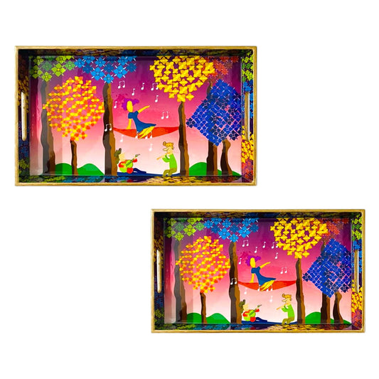 "Tree Serenade" Artistic Wooden Cutlery-Rectangular Tray- Set of 2 I Serve ware I Hand Crafted I Decorative I Meena Print I Size-12*6*2 & 14*8*2 Inch