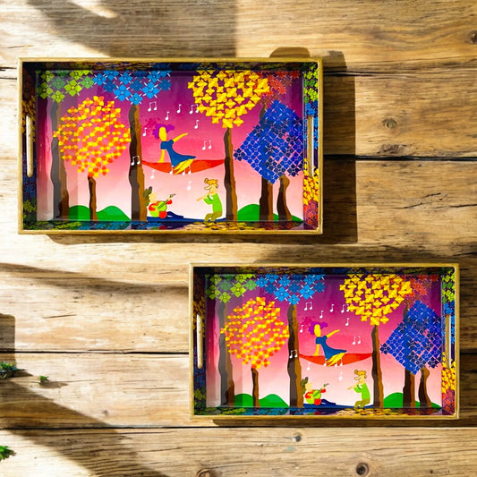 "Tree Serenade" Artistic Wooden Cutlery-Rectangular Tray- Set of 2 I Serve ware I Hand Crafted I Decorative I Meena Print I Size-12*6*2 & 14*8*2 Inch