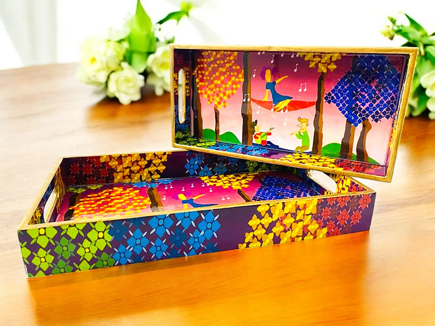 "Tree Serenade" Artistic Wooden Cutlery-Rectangular Tray- Set of 2 I Serve ware I Hand Crafted I Decorative I Meena Print I Size-12*6*2 & 14*8*2 Inch