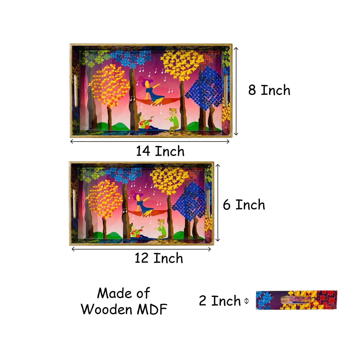 "Tree Serenade" Artistic Wooden Cutlery-Rectangular Tray- Set of 2 I Serve ware I Hand Crafted I Decorative I Meena Print I Size-12*6*2 & 14*8*2 Inch