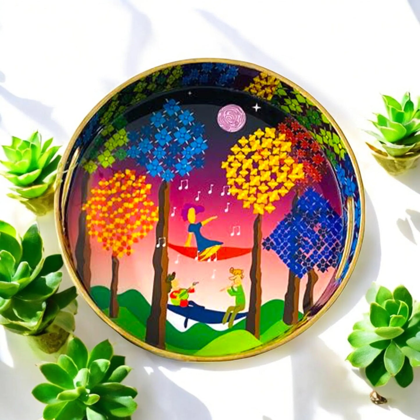 "Tree Serenade" Artistic Wooden Cutlery-Round Tray Large I Serve ware I Handmade I Living Room Décor I Decorative I Meena Print I Size-12*12*2 Inch