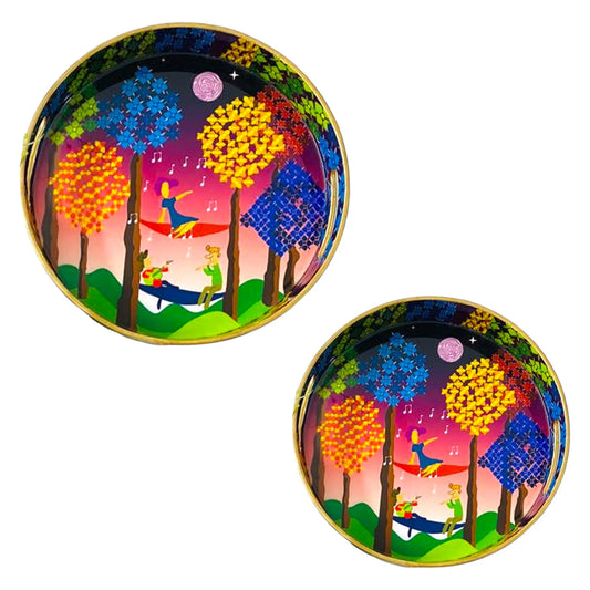 "Tree Serenade" Artistic Wooden Cutlery-Round Trays (Set of 2) I Serve ware I Hand Crafted I Decorative I Meena Print I Size-10*10*2 & 12*12*2 Inch
