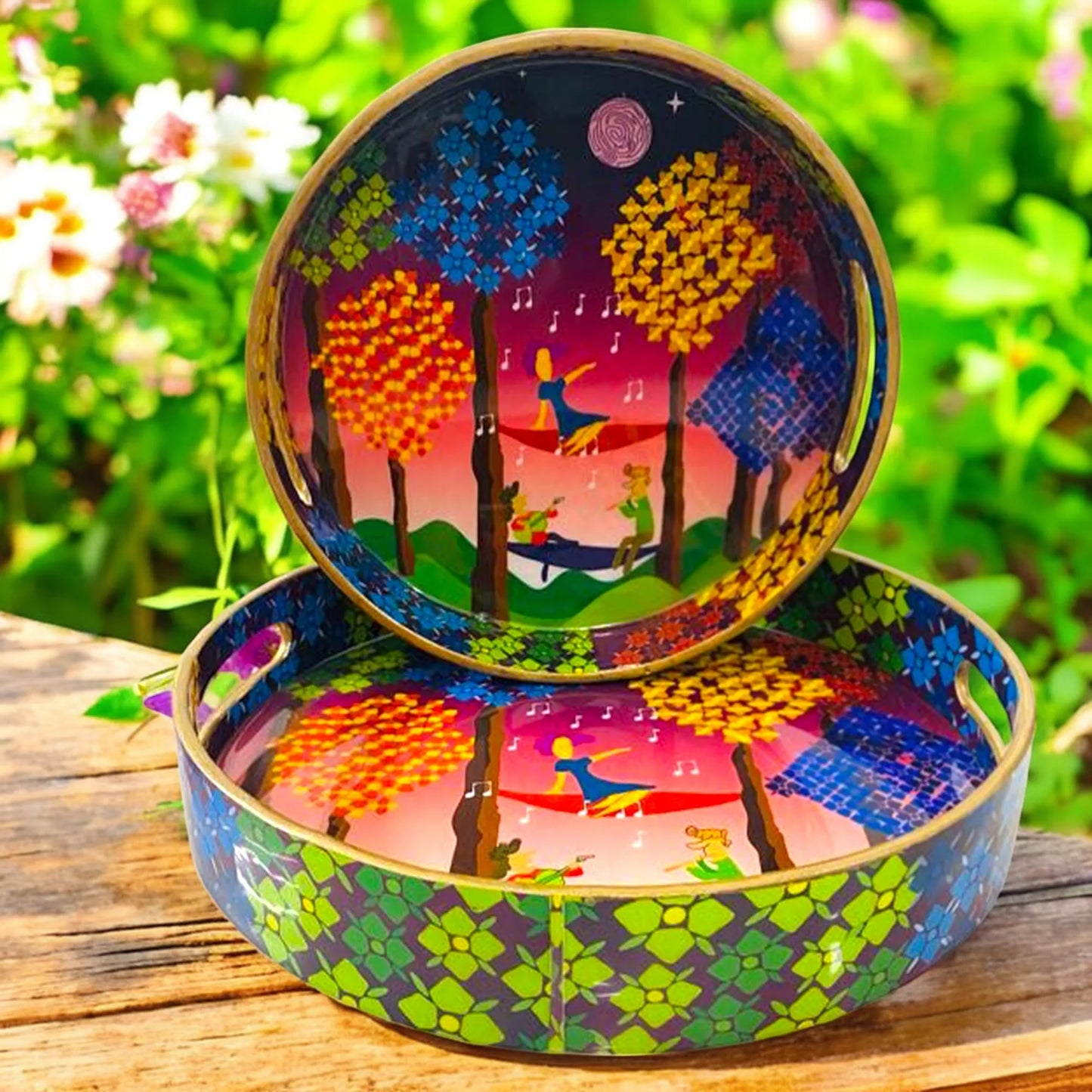 "Tree Serenade" Artistic Wooden Cutlery-Round Trays (Set of 2) I Serve ware I Hand Crafted I Decorative I Meena Print I Size-10*10*2 & 12*12*2 Inch