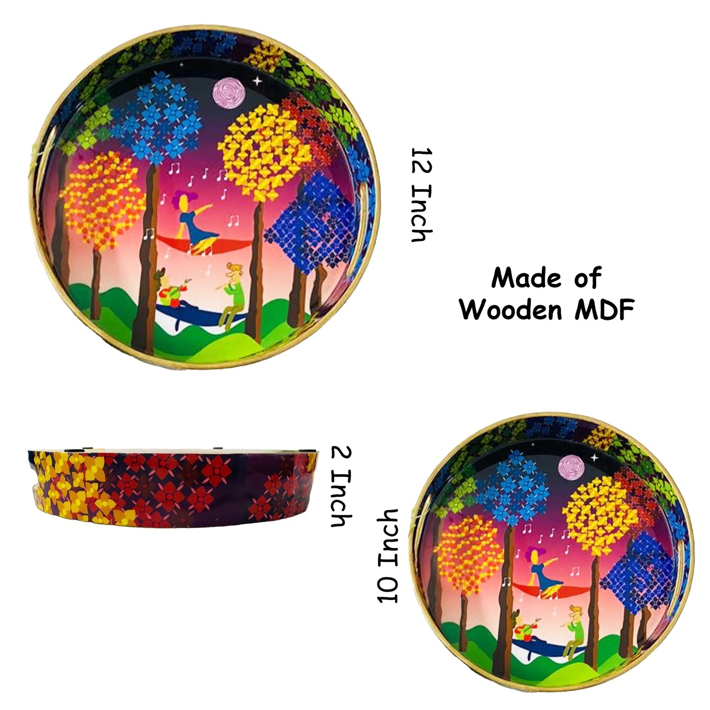 "Tree Serenade" Artistic Wooden Cutlery-Round Trays (Set of 2) I Serve ware I Hand Crafted I Decorative I Meena Print I Size-10*10*2 & 12*12*2 Inch