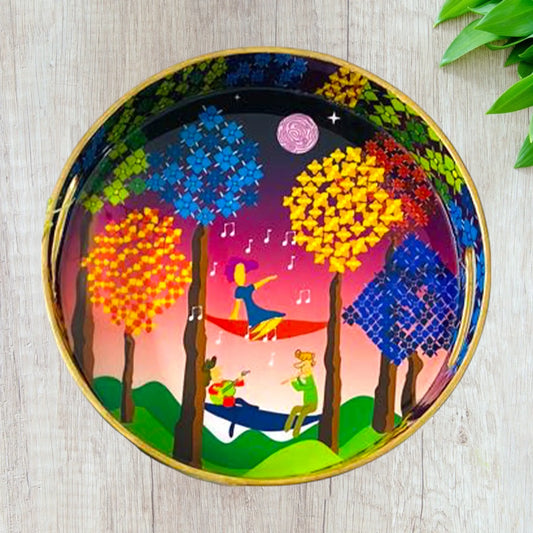 "Tree Serenade" Artistic Wooden Cutlery-Round Tray Small I Serve ware I Hand Crafted I Living Room Décor I Gift Item I Meena Print I Size-10*10*2 Inch