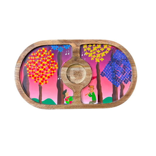"Tree Serenade" Artistic Wooden Cutlery-Round Platter with Ceramic Bowl I Dine ware I Hand Crafted I Living Room Décor I Meena Print I Size-14*8 Inch