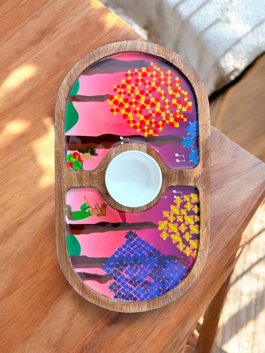 "Tree Serenade" Artistic Wooden Cutlery-Round Platter with Ceramic Bowl I Dine ware I Hand Crafted I Living Room Décor I Meena Print I Size-14*8 Inch