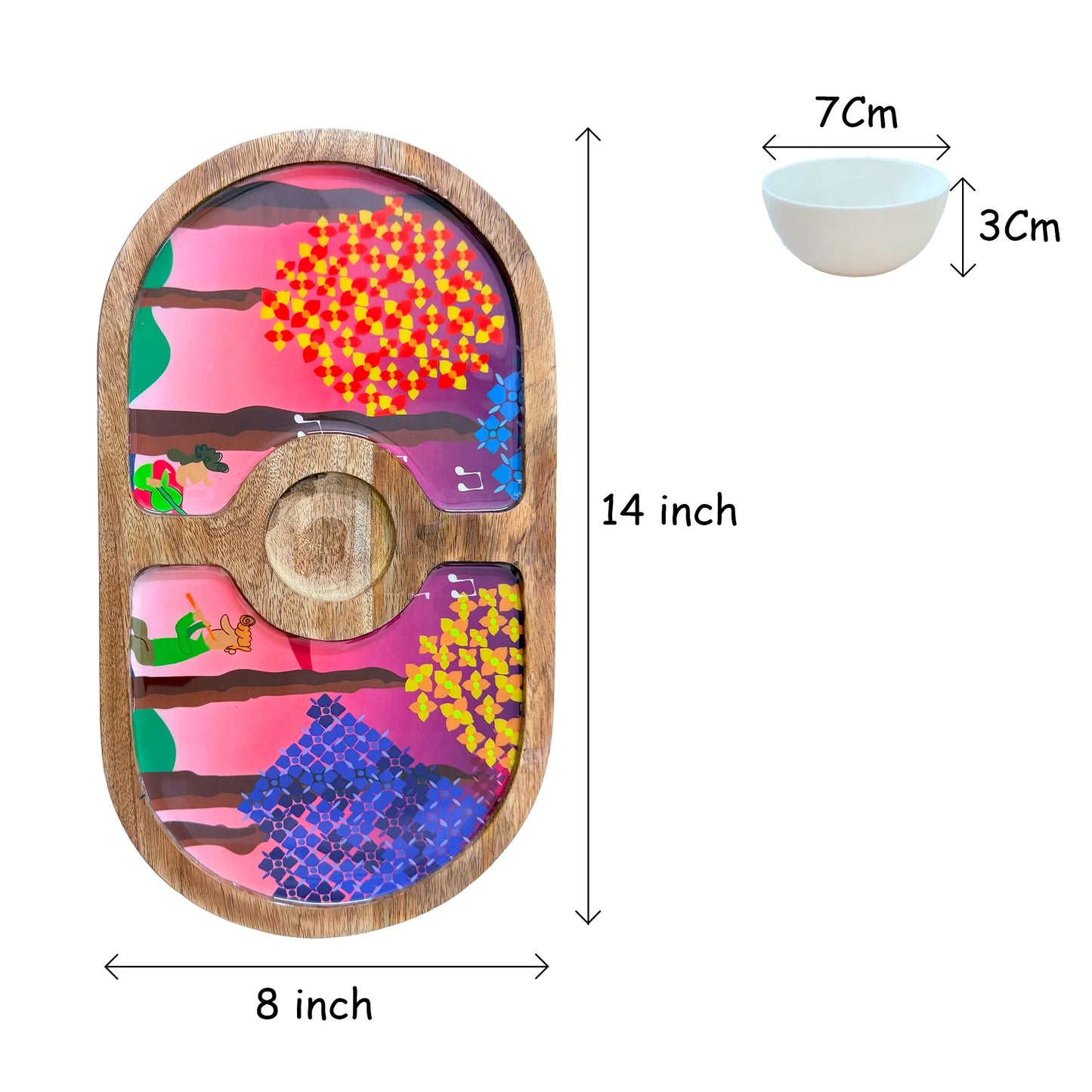 "Tree Serenade" Artistic Wooden Cutlery-Round Platter with Ceramic Bowl I Dine ware I Hand Crafted I Living Room Décor I Meena Print I Size-14*8 Inch
