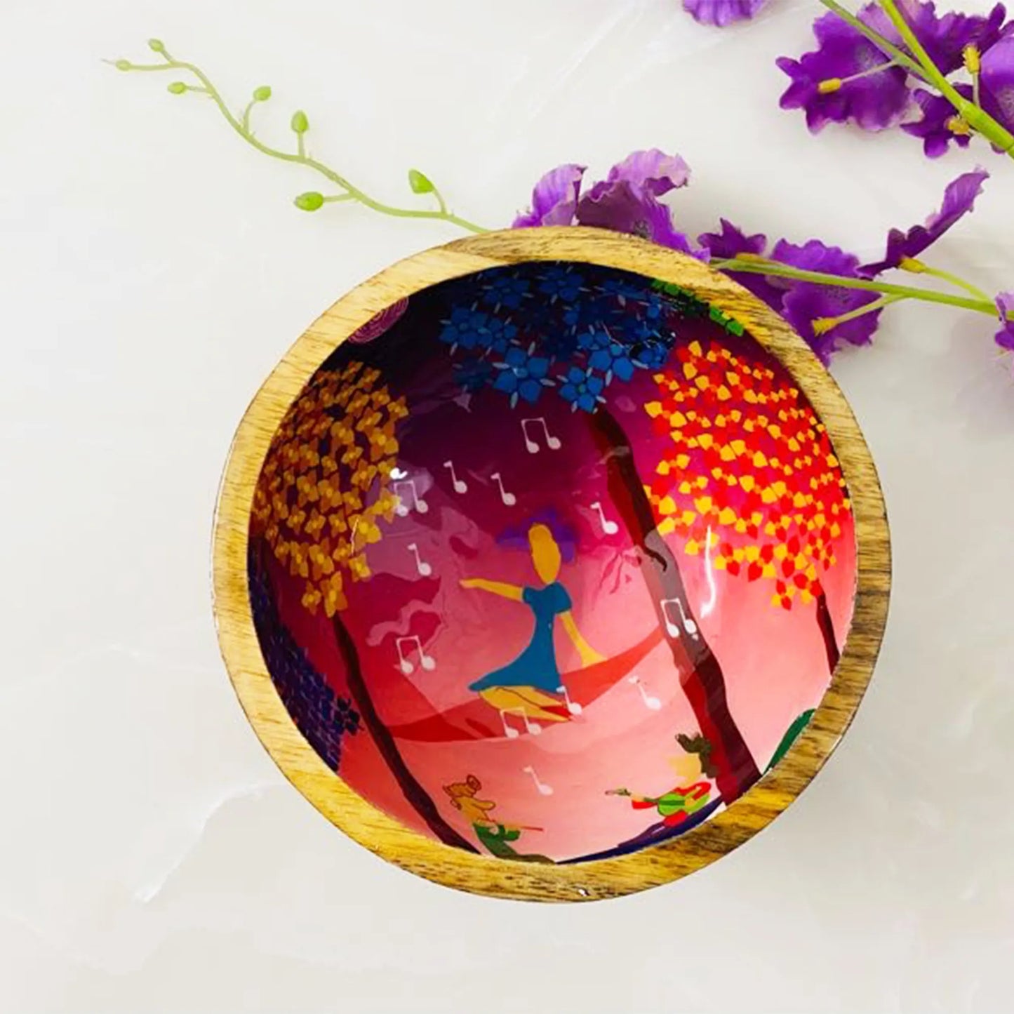 "Tree Serenade" Artistic Wooden Cutlery - Small Bowl I Serve ware I Hand Crafted I Living Room Décor I Decorative I Meena Print I Size-6*6*3 Inch