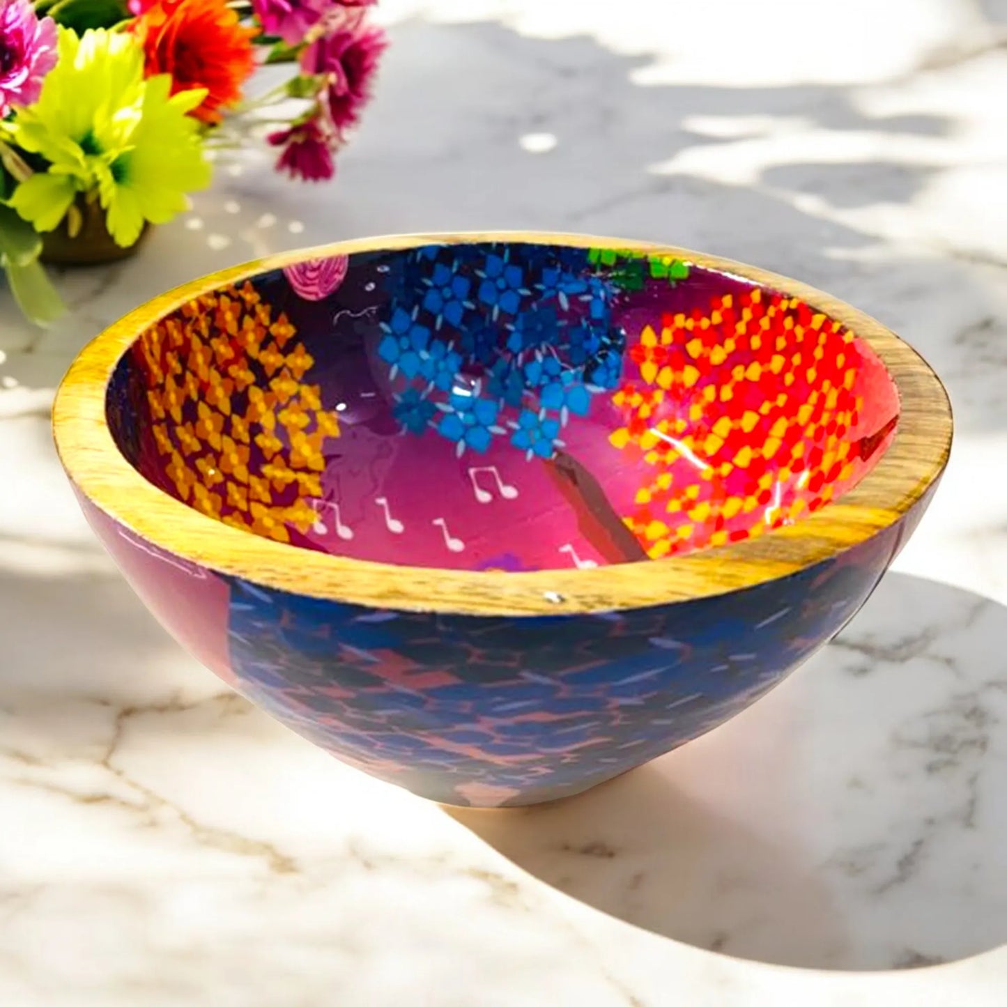 "Tree Serenade" Artistic Wooden Cutlery - Small Bowl I Serve ware I Hand Crafted I Living Room Décor I Decorative I Meena Print I Size-6*6*3 Inch