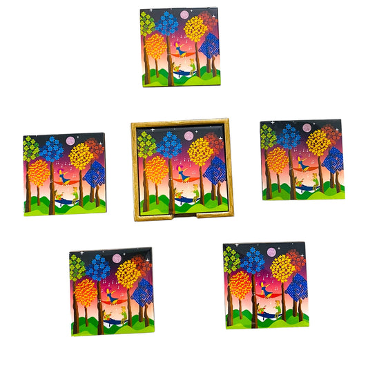 "Tree Serenade" Artistic Wooden Cutlery-Wooden Tea Coaster I Table ware I Hand Crafted I Living Room Décor I Decorative I Meena Print I Size- 4*4 Inch