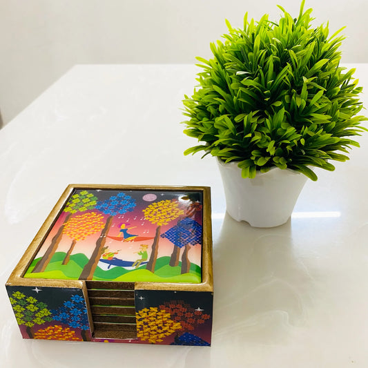 "Tree Serenade" Artistic Wooden Cutlery-Wooden Tea Coaster I Table ware I Hand Crafted I Living Room Décor I Decorative I Meena Print I Size- 4*4 Inch