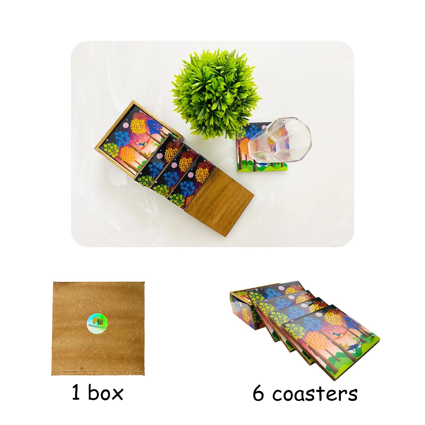 "Tree Serenade" Artistic Wooden Cutlery-Wooden Tea Coaster I Table ware I Hand Crafted I Living Room Décor I Decorative I Meena Print I Size- 4*4 Inch