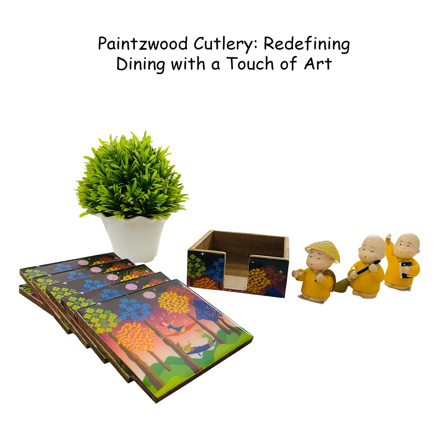 "Tree Serenade" Artistic Wooden Cutlery-Wooden Tea Coaster I Table ware I Hand Crafted I Living Room Décor I Decorative I Meena Print I Size- 4*4 Inch