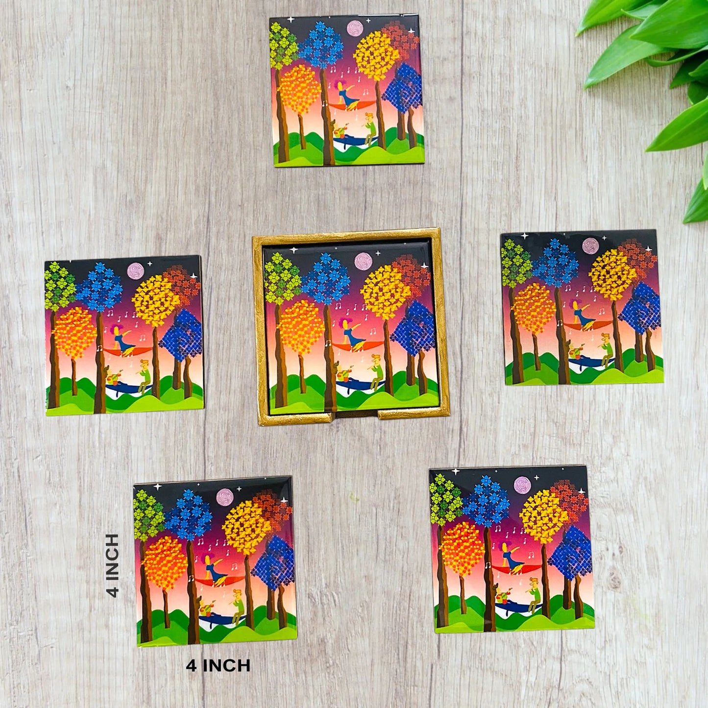 "Tree Serenade" Artistic Wooden Cutlery-Wooden Tea Coaster I Table ware I Hand Crafted I Living Room Décor I Decorative I Meena Print I Size- 4*4 Inch