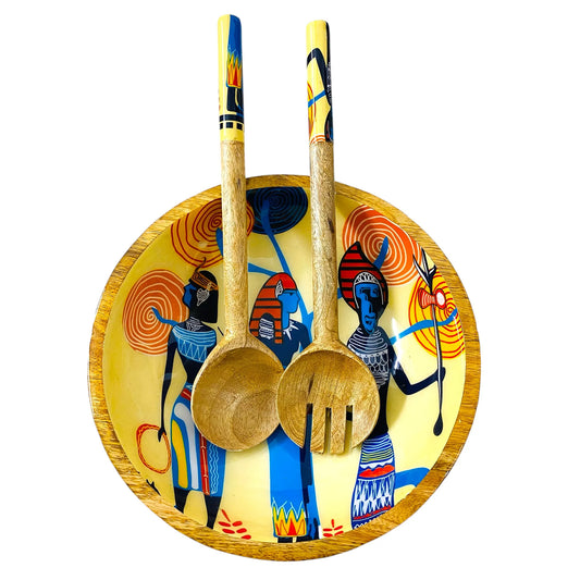 "Egyptian Priestess and Warriors" Artistic Wooden Cutlery-Big Bowl with Serving Spoons I Dine ware I Home Décor I Meena Print I Size-10*10*3 Inch