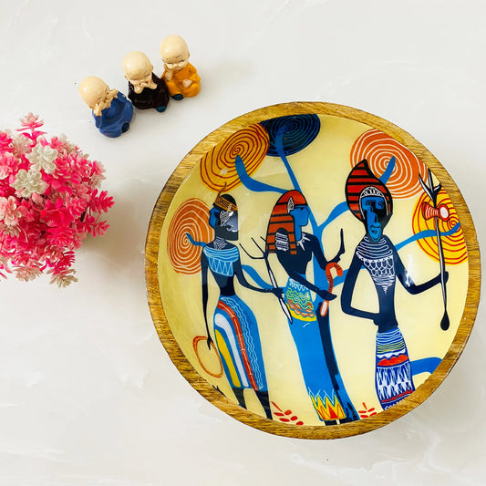 "Egyptian Priestess and Warriors" Artistic Wooden Cutlery-Big Bowl with Serving Spoons I Dine ware I Home Décor I Meena Print I Size-10*10*3 Inch