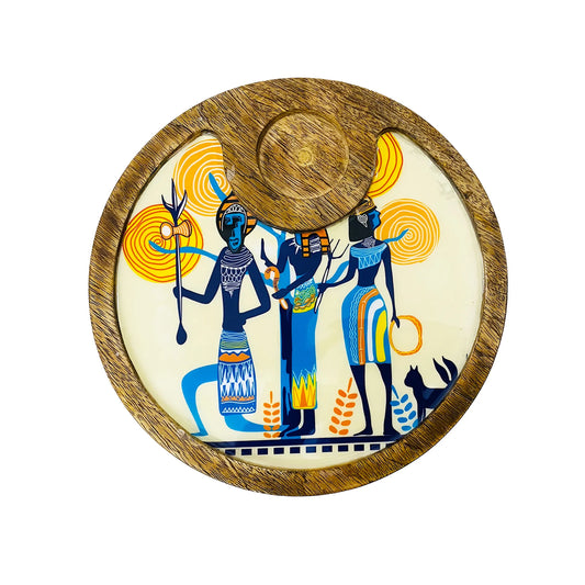 "Egyptian Priestess and Warriors" Artistic Wooden Cutlery-Circular Platter with Wooden Bowl I Table ware I Handmade I Decorative I Size-10*10 Inch