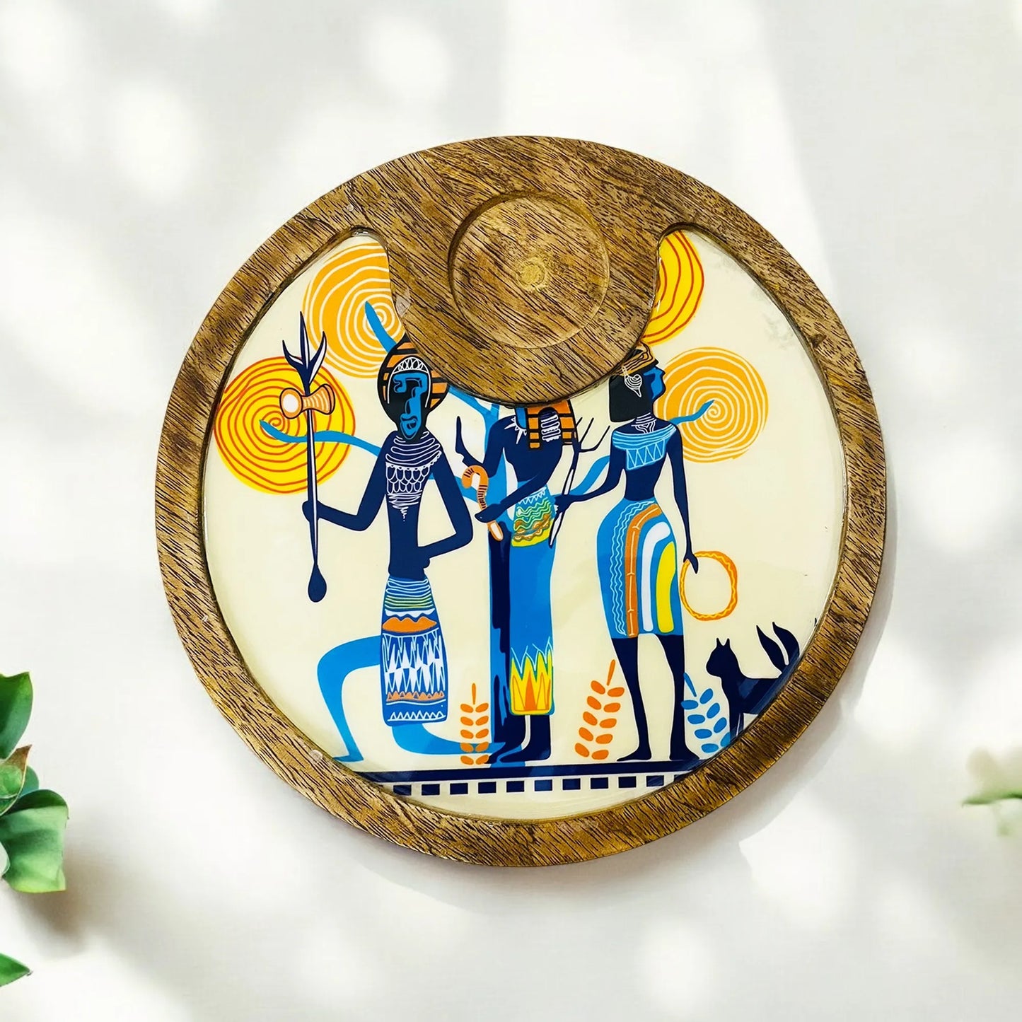 "Egyptian Priestess and Warriors" Artistic Wooden Cutlery-Circular Platter with Wooden Bowl I Table ware I Handmade I Decorative I Size-10*10 Inch