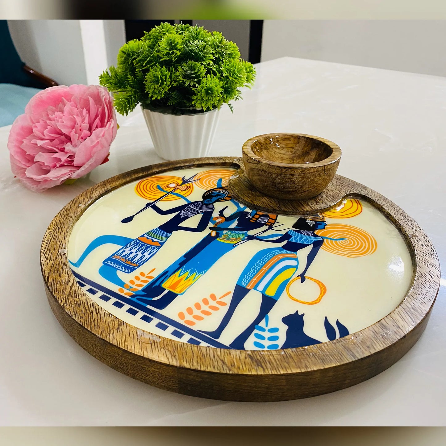 "Egyptian Priestess and Warriors" Artistic Wooden Cutlery-Circular Platter with Wooden Bowl I Table ware I Handmade I Decorative I Size-10*10 Inch