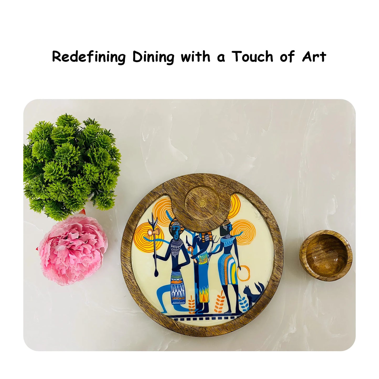 "Egyptian Priestess and Warriors" Artistic Wooden Cutlery-Circular Platter with Wooden Bowl I Table ware I Handmade I Decorative I Size-10*10 Inch