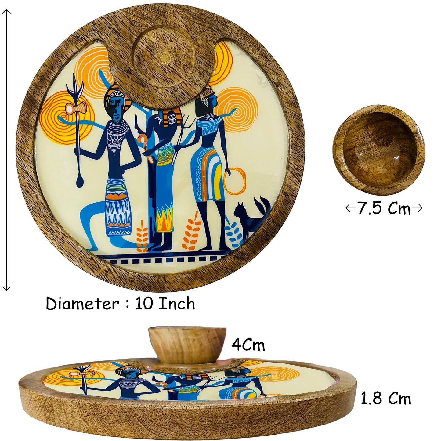 "Egyptian Priestess and Warriors" Artistic Wooden Cutlery-Circular Platter with Wooden Bowl I Table ware I Handmade I Decorative I Size-10*10 Inch